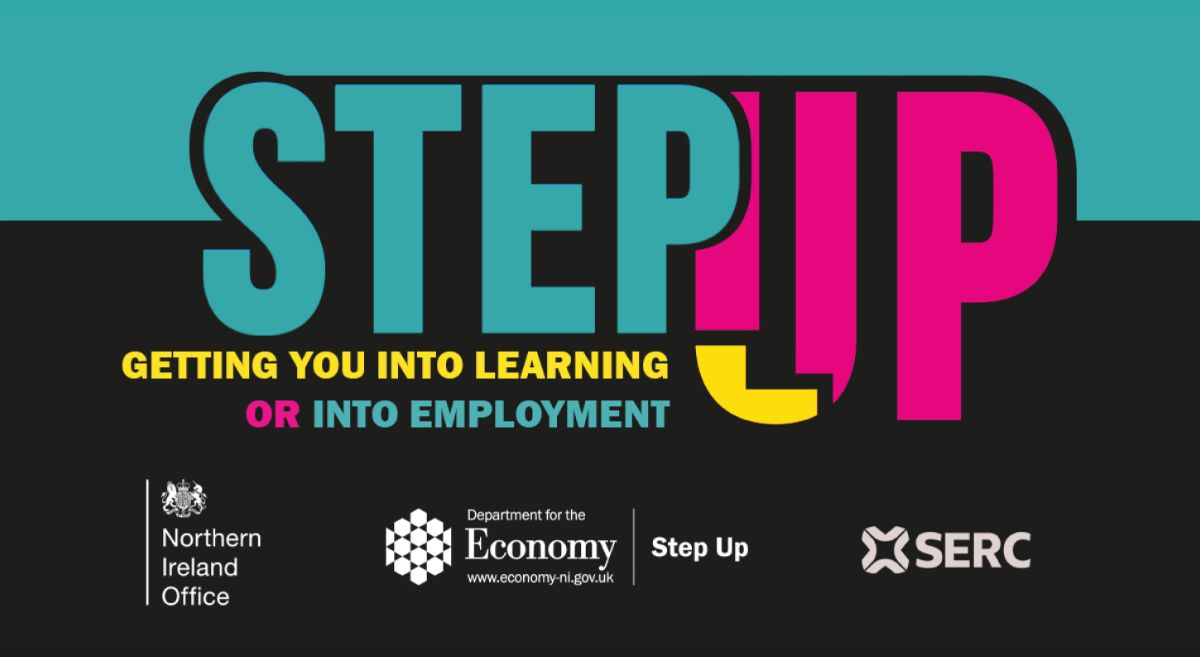 Step Up graphic logo with text Getting you into learning or into employment with logos for Northern Ireland Office, Department for the Economy and SERC below.